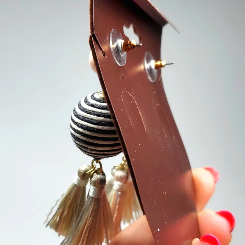 SugarFix Dangly Boho Earrings in Black White Stripped Pastel Tassels